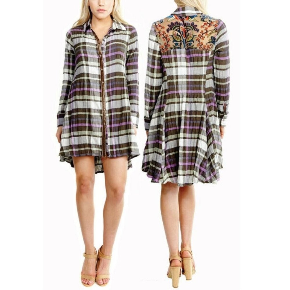 Aratta Madeline Shirt Dress NWT • Small • Plaid Mini Embroidered
